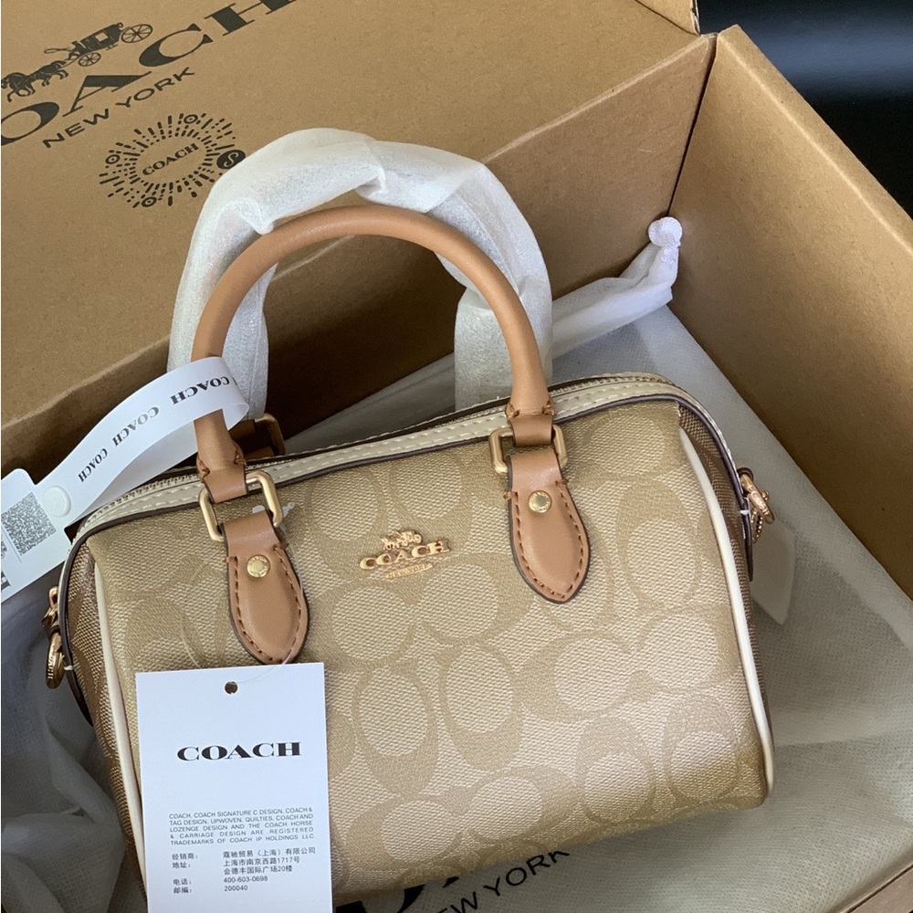 Coach Beige Signature Satchel with Tan Leather Handles and Gold Hardware - Picture 2 of 7